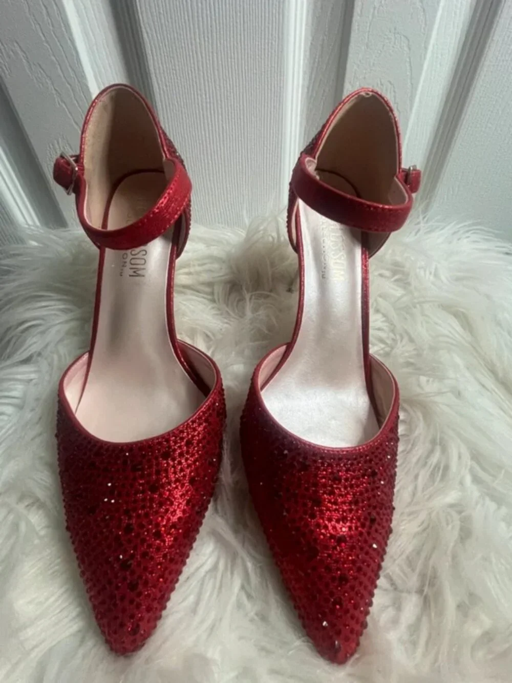 Blossom Red Rhinestone Pointed Toe Ankle Strap Heels
